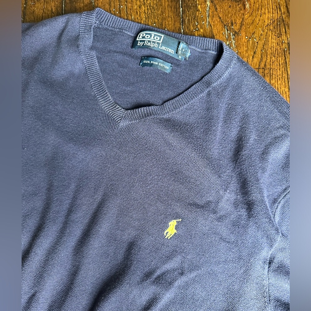 Ralph Lauren Navy Blue Pima‎ Cotton Vneck Sweater -L